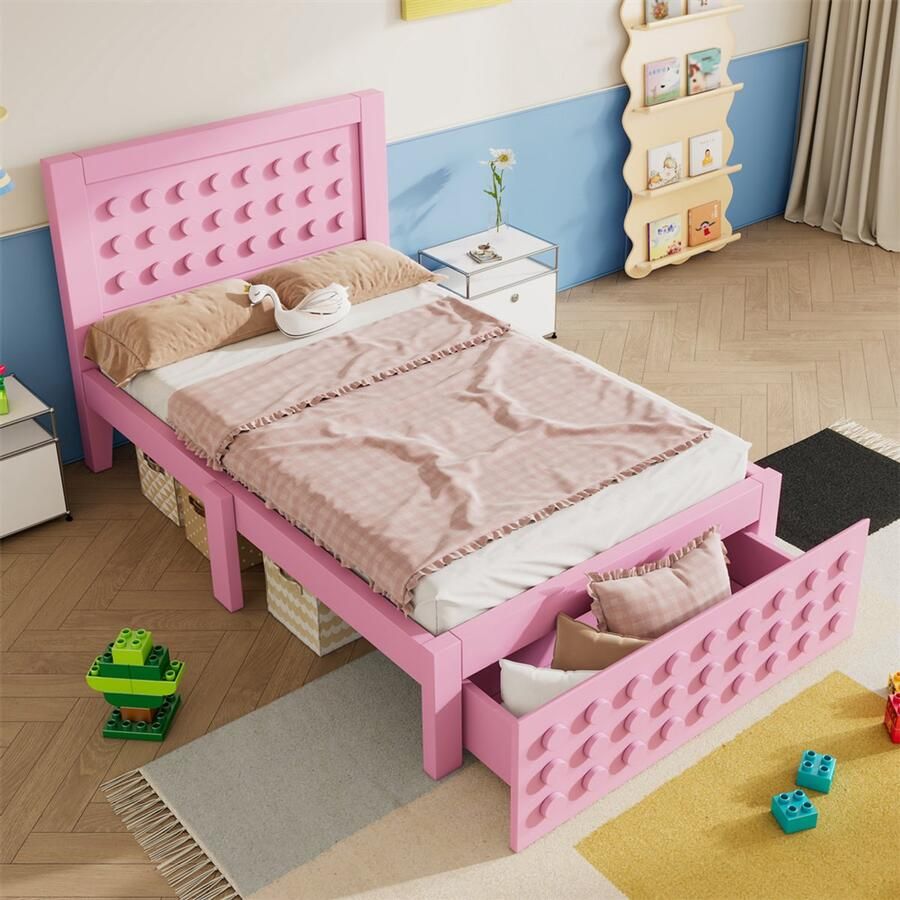 YEHTOKHOME Houten Eenpersoonsbed 90x200 cm kinderbed jeugdbed met lades en opbergruimte onder het bed massief houten bedframe lattenbodem creatief blokontwerp roze zonder matras