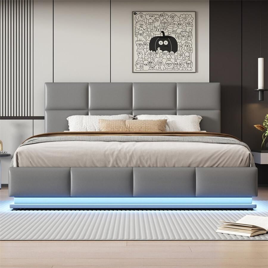YEHTOKHOME Hydraulisch tweepersoonsbed 180x200cm met opbergruimte LED-verlichting verstelbaar hoofdeind lichtgrijs kunstleer gestoffeerd bed bedframe volwassen bed jeugdbed (zonder matras)
