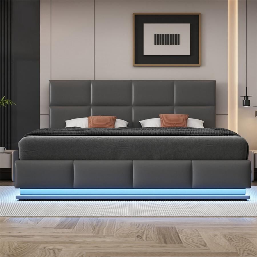 YEHTOKHOME Hydraulisch tweepersoonsbed 180x200cm met opbergruimte LED-verlichting verstelbaar hoofdeind grijs kunstleer gestoffeerd bed bedframe volwassen bed jeugdbed (zonder matras)