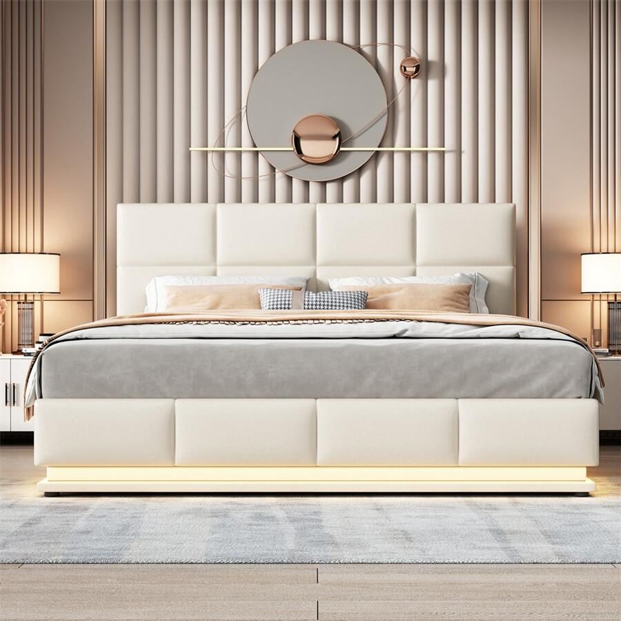 YEHTOKHOME Hydraulisch tweepersoonsbed 180x200cm met opbergruimte LED-verlichting verstelbaar hoofdeind beige kunstleer gestoffeerd bed bedframe volwassen bed jeugdbed (zonder matras)