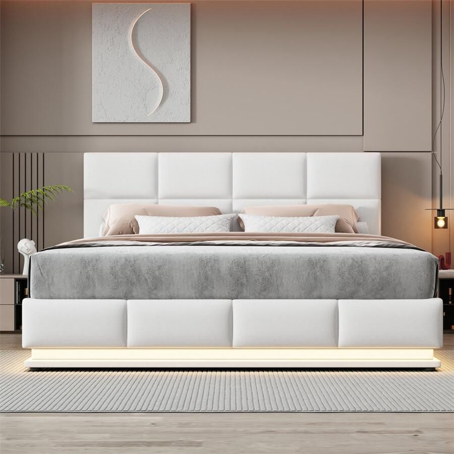 YEHTOKHOME Hydraulisch tweepersoonsbed 180x200cm met opbergruimte LED-verlichting verstelbaar hoofdeind wit kunstleer gestoffeerd bed bedframe volwassen bed jeugdbed (zonder matras)