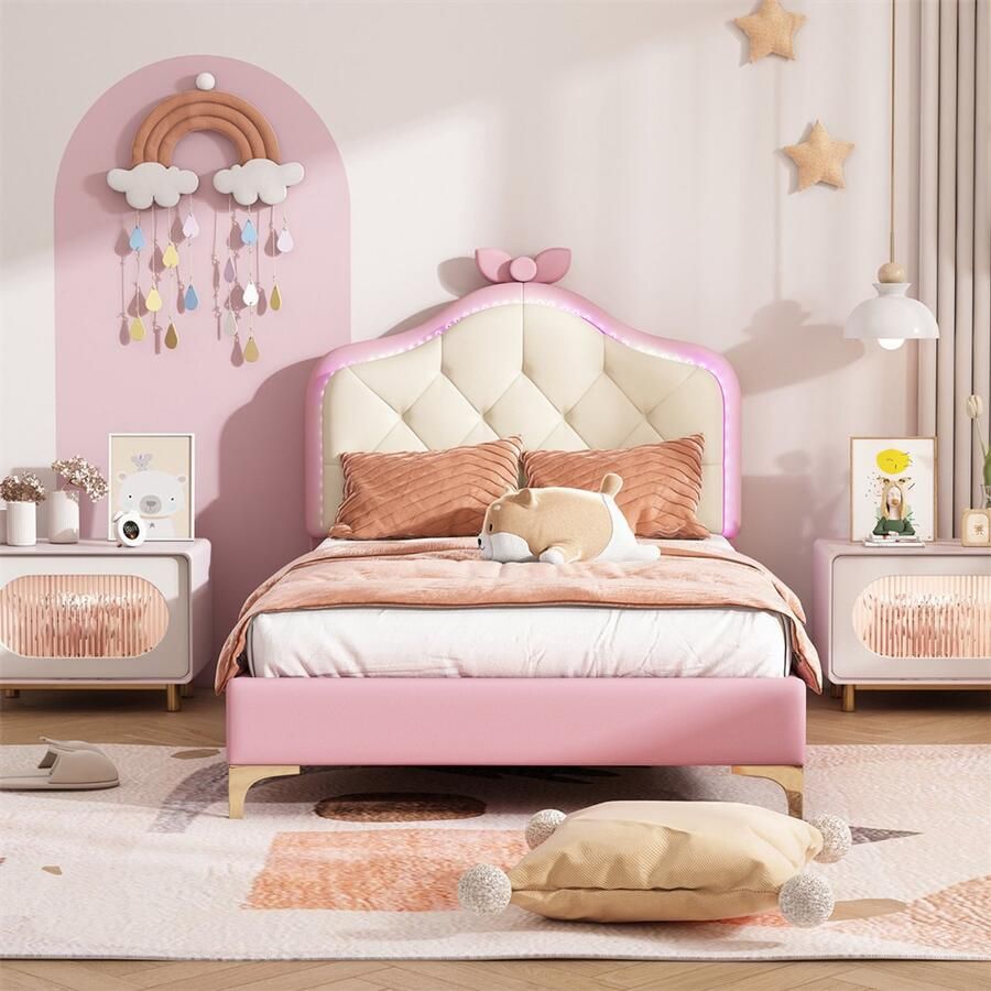 YEHTOKHOME Kinderbed eenpersoonsbed 90x200cm Golvend hoofdeinde met trekpunten Roze strik LED-verlichting Houten lattenbodem PU kunstleer Meisjesbed princess bed Wit Roze Zonder matras