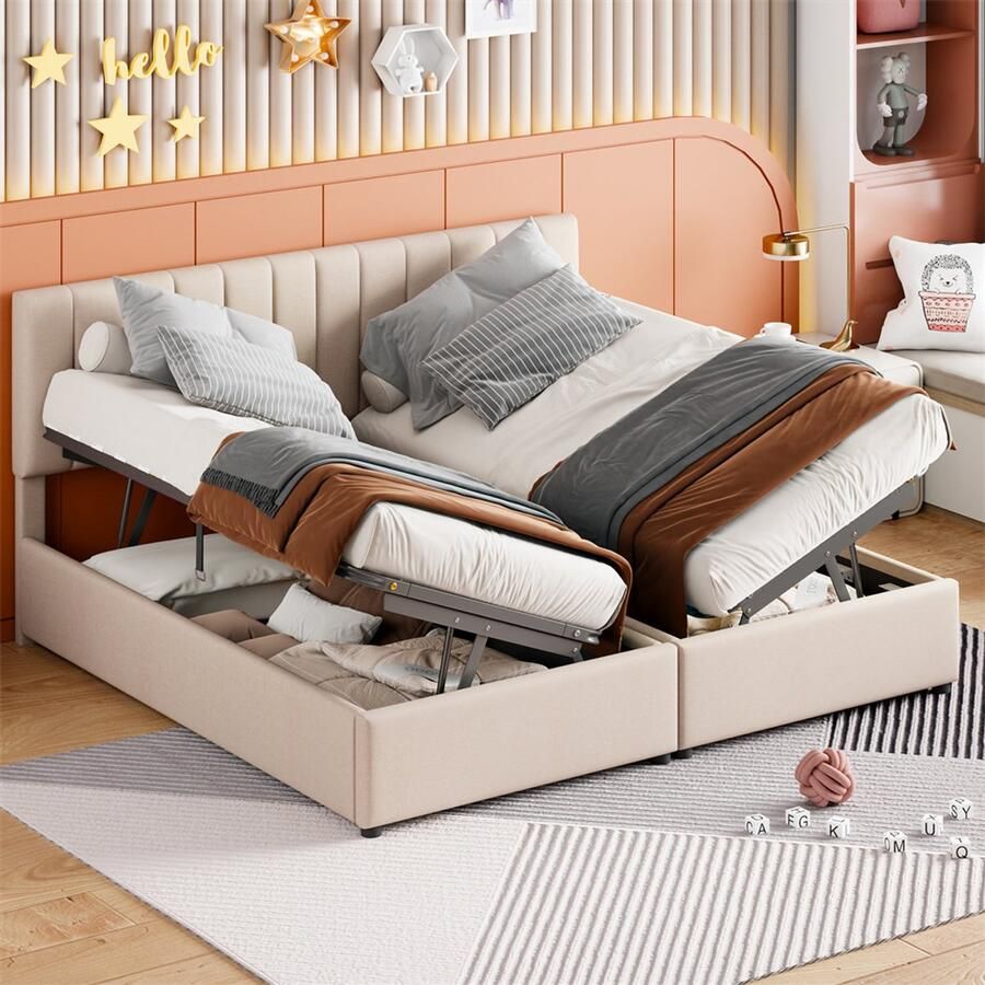 YEHTOKHOME Kinderbed gestoffeerd bed 180x200 cm Hydraulisch opbergbed Huidvriendelijk linnen tweepersoonsbed met opbergruimte Verstelbaar hoofdeinde Beige (zonder matras)