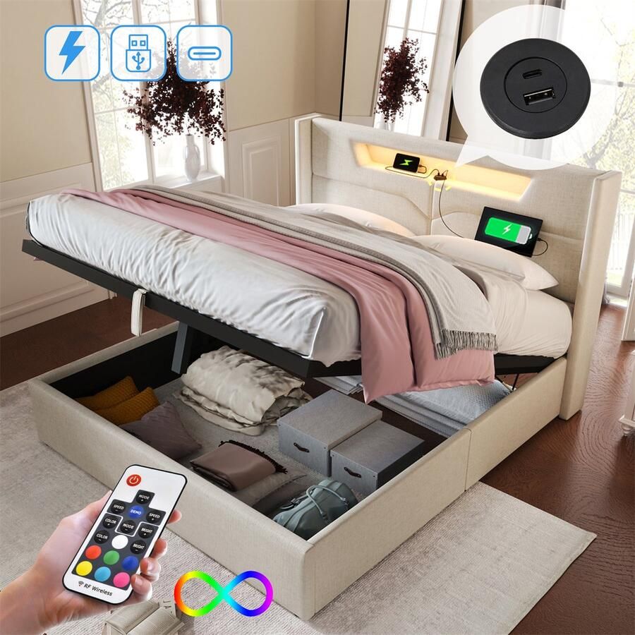 YEHTOKHOME Linnen Gestoffeerd bed 140 x 200 cm tweepersoonsbed met opbergruimte LED-verlichting USB type C-oplaadfunctie hydraulische hendel opbergbedframe zonder matras beige