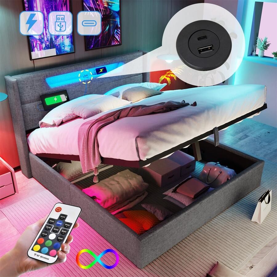 YEHTOKHOME Linnen Gestoffeerd bed 140 x 200 cm tweepersoonsbed met opbergruimte LED-verlichting USB type C-oplaadfunctie hydraulische hendel opbergbedframe zonder matras grijs