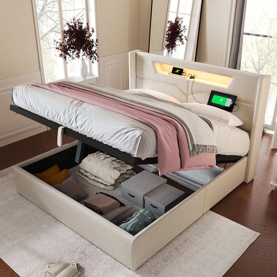 YEHTOKHOME Linnen Gestoffeerd bed 160 x 200 cm tweepersoonsbed met opbergruimte LED-verlichting USB type C-oplaadfunctie hydraulische hendel opbergbedframe zonder matras beige