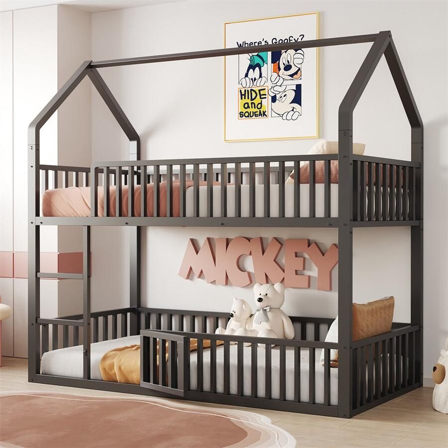 YEHTOKHOME Metalen hoogslaper 90 x 200 cm met ladder Kinderbed stapelbed met zijhekken onderste bed met kleine deur om te openen en te sluiten zwart