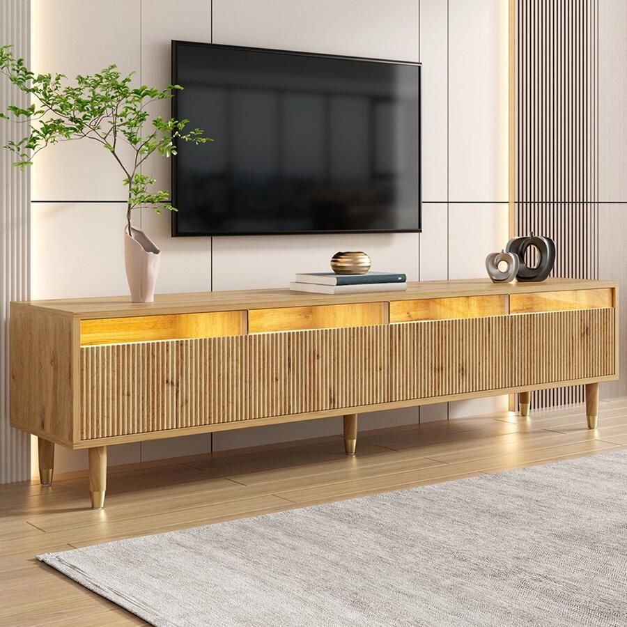 Pugsdrly Moderne tv-meubel in houtlook 178 cm – Minimalistisch design veel opbergruimte 4 lades MDF en acryl ideaal voor de woonkamer – stabiel elegant en veelzijdig