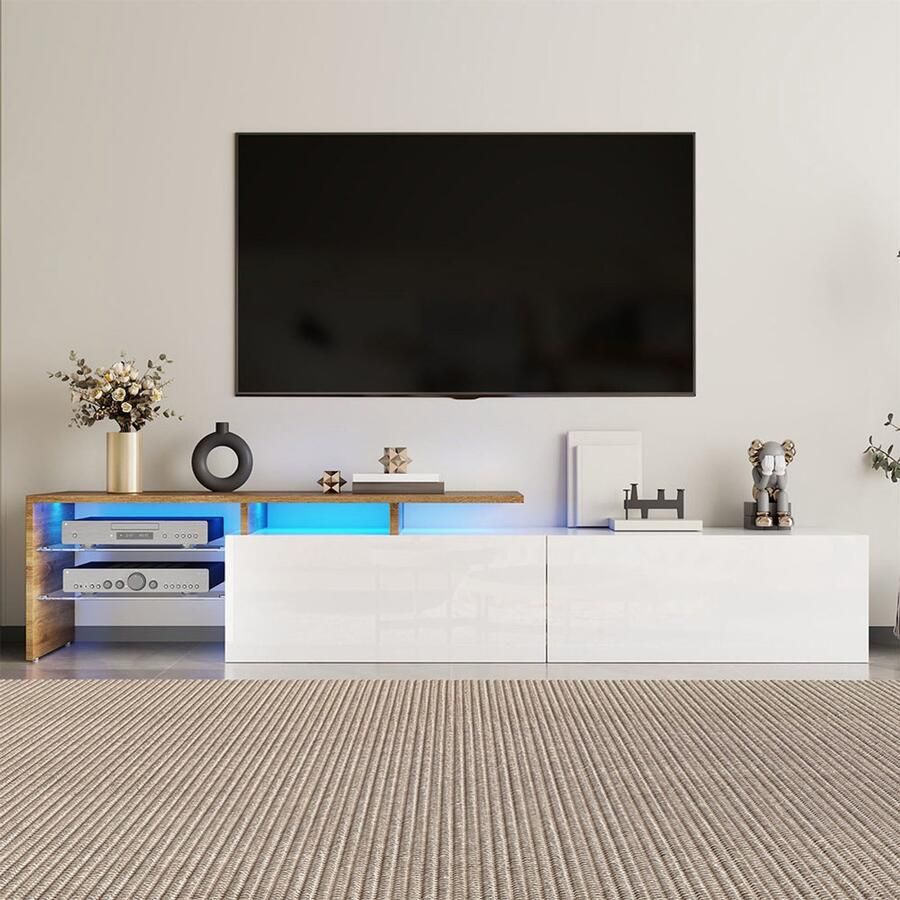 YEHTOKHOME Modern TV-meubel hoogglans wit houtlook 2 lades glazen planken LED-verlichting TV-kast 170 L x 33 B x 33 5 H cm