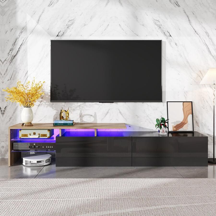 YEHTOKHOME Modern TV-meubel hoogglans zwart houtlook 2 lades glazen planken LED-verlichting TV-kast 170 L x 33 B x 33 5 H cm