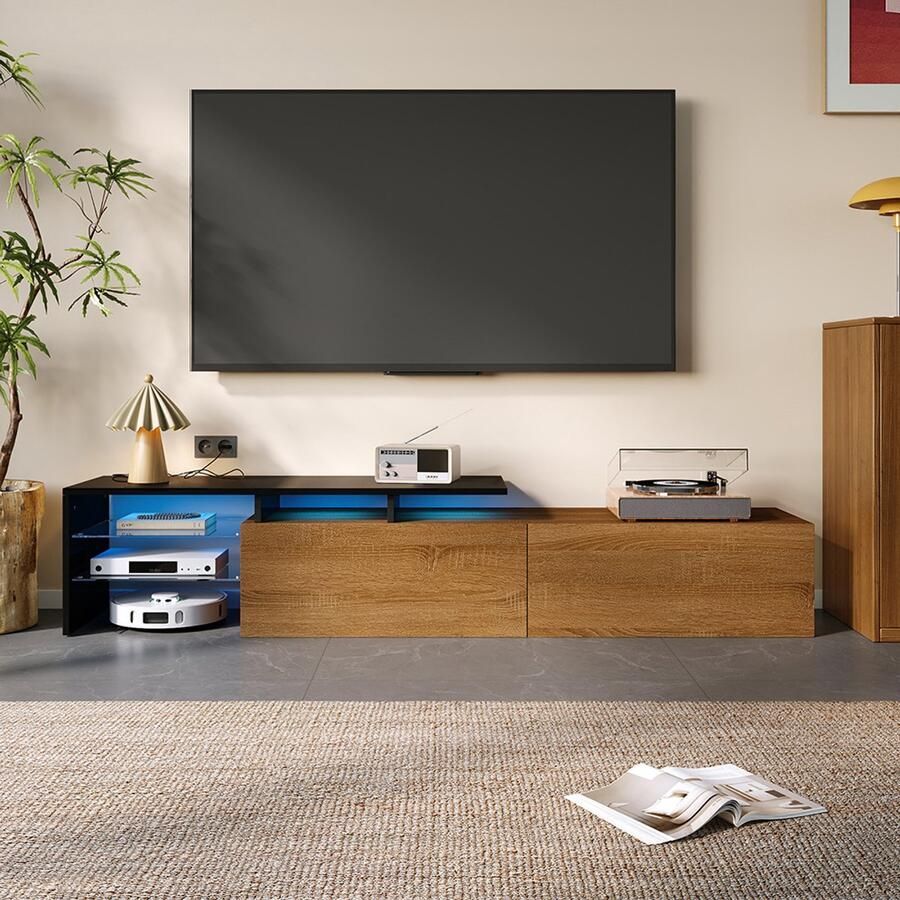 YEHTOKHOME Modern TV-meubel houtlook 2 lades glazen planken LED-verlichting TV-kast 170 L x 33 B x 33 5 H cm naturel + zwart