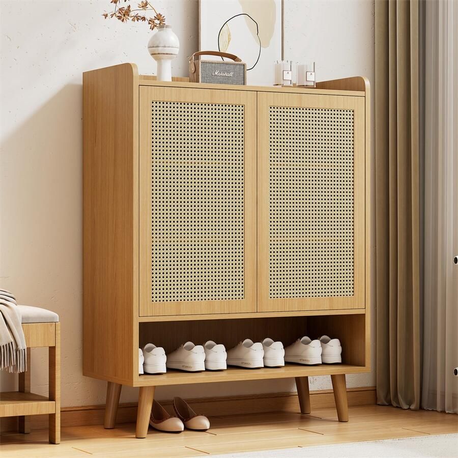 YEHTOKHOME Natuurlijke Rotan Schoenenkast Schoenenrek met 2 deuren en 5 planken met houten handvatten en massief houten poten 80x35x105 cm