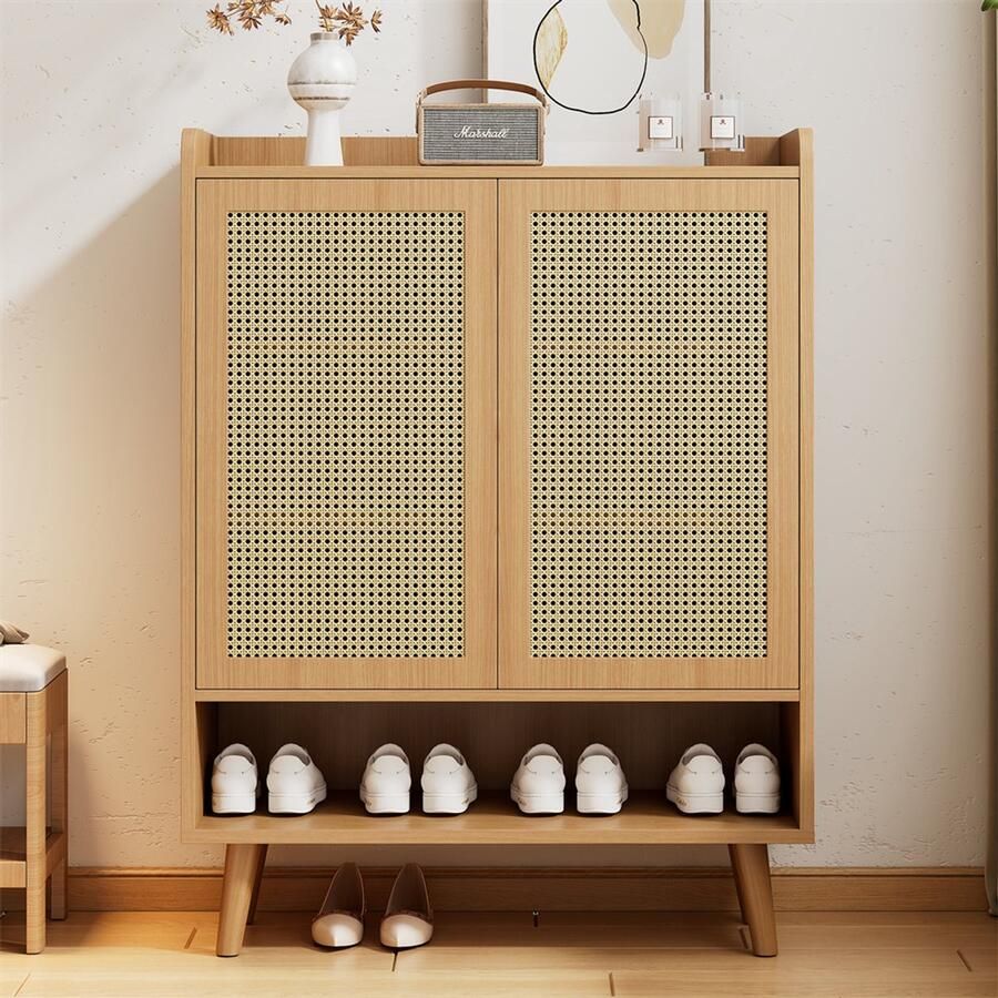 YEHTOKHOME Natuurlijke Rotan Schoenenkast Schoenenrek met 2 deuren en 5 planken met houten handvatten en massief houten poten 80x35x105 cm