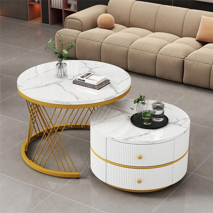 YEHTOKHOME Ronde Salontafel Set van 2 Koffietafel Wit hoogglans marmer look 2 lades Grote tafel Ø60x46cm Kleine tafel Ø50x31cm Goud