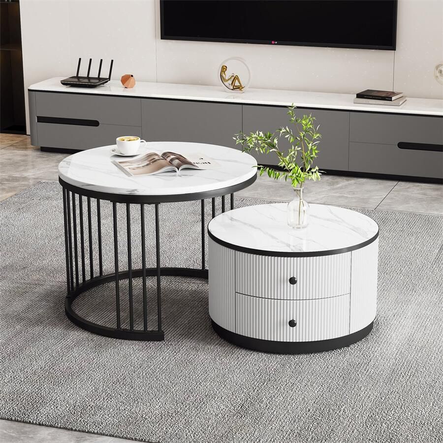 YEHTOKHOME Ronde Salontafel Set van 2 Nesting Koffietafel Hoogglans marmer look 2 lades Grote tafel Ø60x45 5cm Kleine tafel Ø50x32cm Wit en Zwart