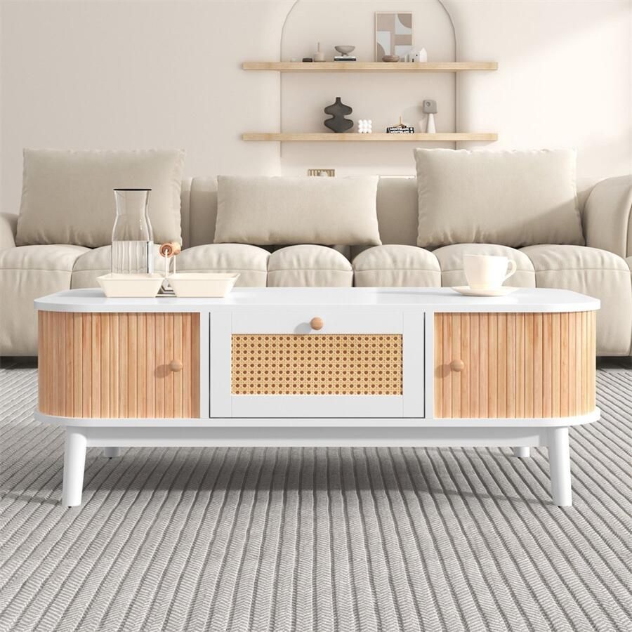 YEHTOKHOME Salontafel met lade en schuifdeuren Rotan koffietafel Massief houten latten Massief houten poten Natuurlijke landelijke stijl Wit