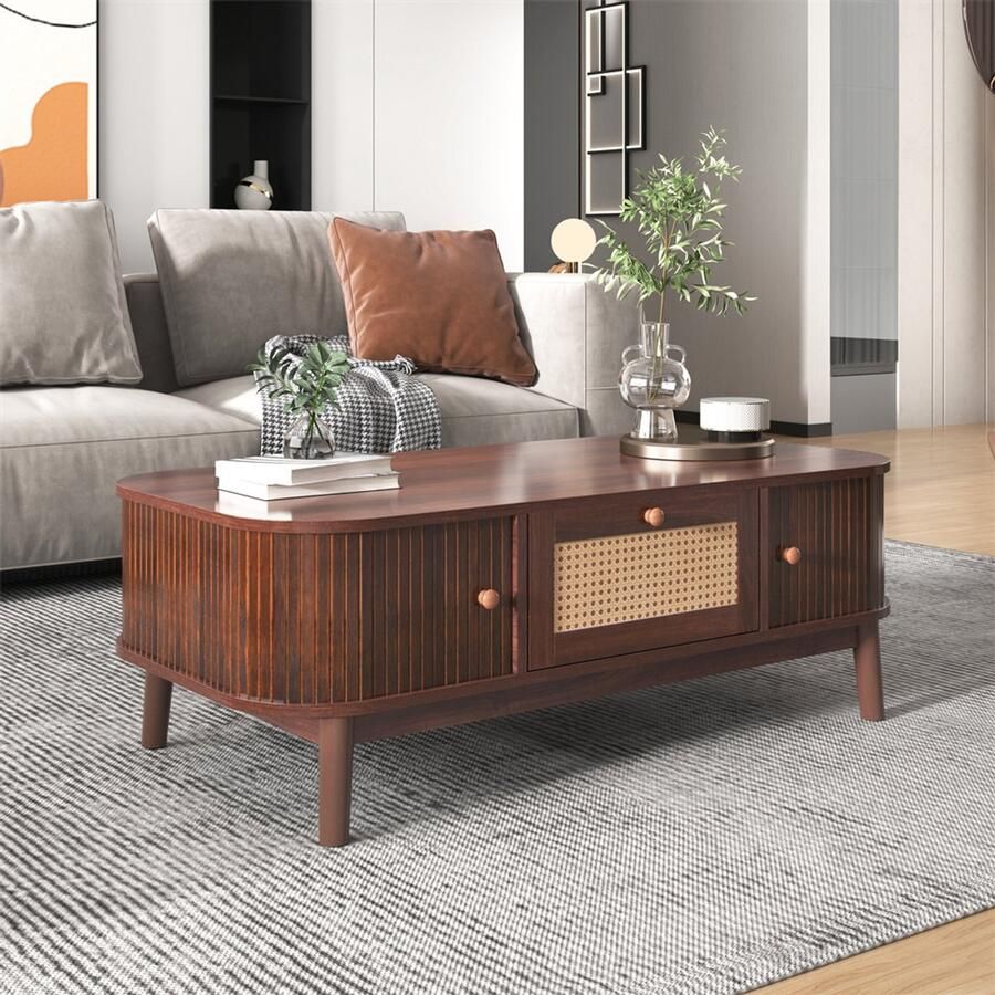 YEHTOKHOME Salontafel met lade en schuifdeuren Rotan koffietafel Massief houten latten Massief houten poten Natuurlijke landelijke stijl Bruin