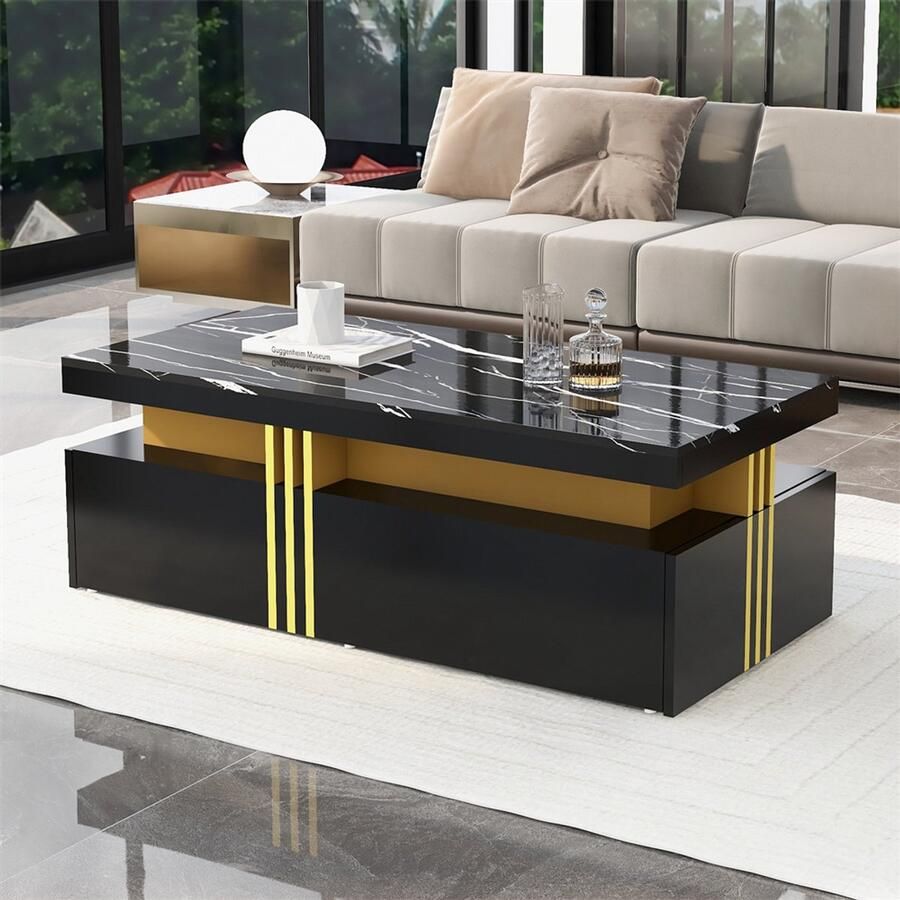 YEHTOKHOME Salontafel met marmerlook Moderne rechthoekige koffietafel met 2 houten lades Hoogglans afwerking Gouden metalen rand 100x50x40 cm Zwart