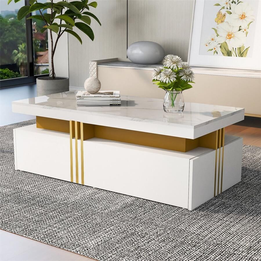 YEHTOKHOME Salontafel met marmerlook Moderne rechthoekige koffietafel met 2 houten lades Hoogglans afwerking Gouden metalen rand 100x50x40 cm Wit