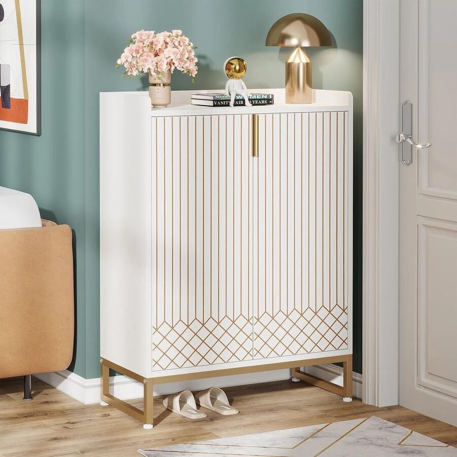 YEHTOKHOME Schoenenkast 5 Lagen Schoenenrek 2 deuren 73 x 35 x 105 cm Voor 25 paar Schoenen Metaal handvatten Metaal poten Wit