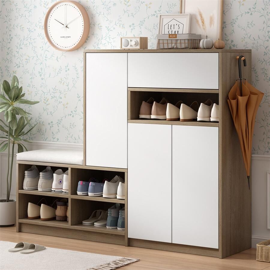YEHTOKHOME Schoenenkast houten 140x35x110cm voor 26 paar Schoenen multifunctioneel schoenenrek met gestoffeerde zitting verstelbare planken 1 lade wit