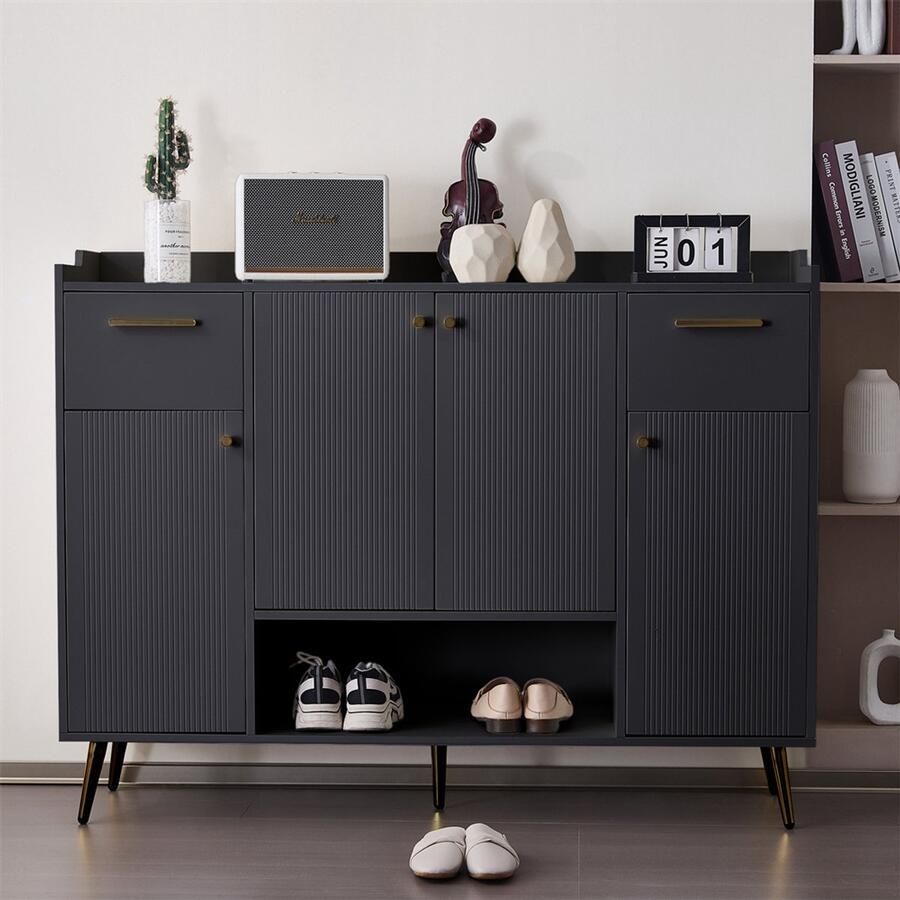 YEHTOKHOME Schoenenkast Schoenenrek met 2 lades en 4 deuren metalen poten open schap 130x37x100 cm zwart