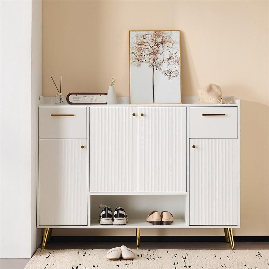 YEHTOKHOME Schoenenkast Schoenenrek met 2 lades en 4 deuren metalen poten open schap 130x37x100 cm wit