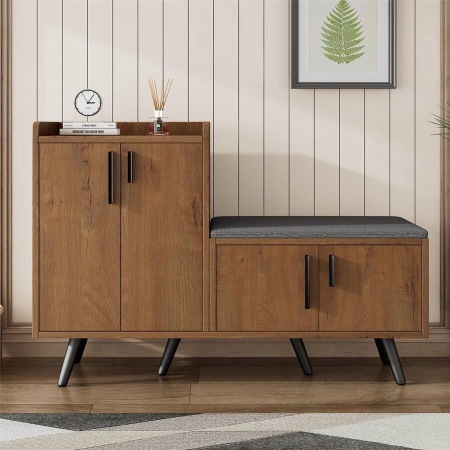 YEHTOKHOME Schoenenkast vier opbergdeuren metalen handgrepen meerdere opbergvakken schoenenbank met zitkussen met anti-kipbeveiliging natuurlijke 120x34x82 8 cm