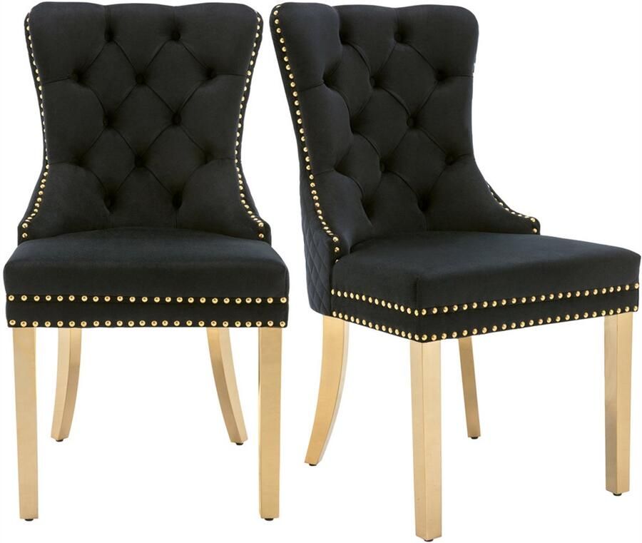 YEHTOKHOME Set van 2 Fluwelen eetkamerstoelen Keukenstoel woonkamerstoel met deurklopper Gestoffeerde stoel met klinknagels Eetkamerstoel in vintage stijl Gouden metalen poten Zwart b 51 x d 65.5 x h 95 cm