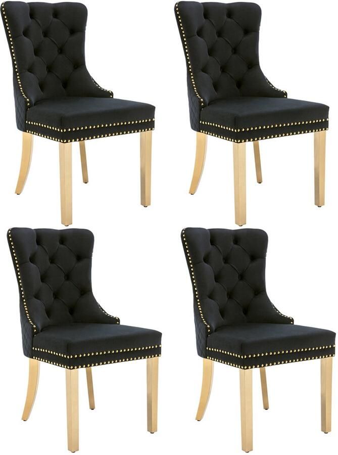 YEHTOKHOME Set van 4 Fluwelen eetkamerstoelen Keukenstoel woonkamerstoel met deurklopper Gestoffeerde stoel met klinknagels Eetkamerstoel in vintage stijl Gouden metalen poten Zwart b 51 x d 65.5 x h 95 cm