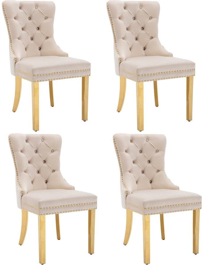 YEHTOKHOME Set van 4 Fluwelen eetkamerstoelen Keukenstoel woonkamerstoel met deurklopper Gestoffeerde stoel met klinknagels Eetkamerstoel in vintage stijl Gouden metalen poten Beige b 51 x d 65.5 x h 95 cm