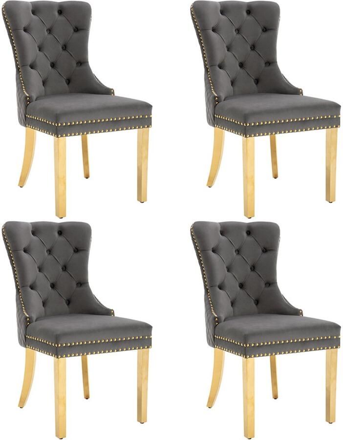 YEHTOKHOME Set van 4 Fluwelen eetkamerstoelen Keukenstoel woonkamerstoel met deurklopper Gestoffeerde stoel met klinknagels Eetkamerstoel in vintage stijl Gouden metalen poten Grijs b 51 x d 65.5 x h 95 cm