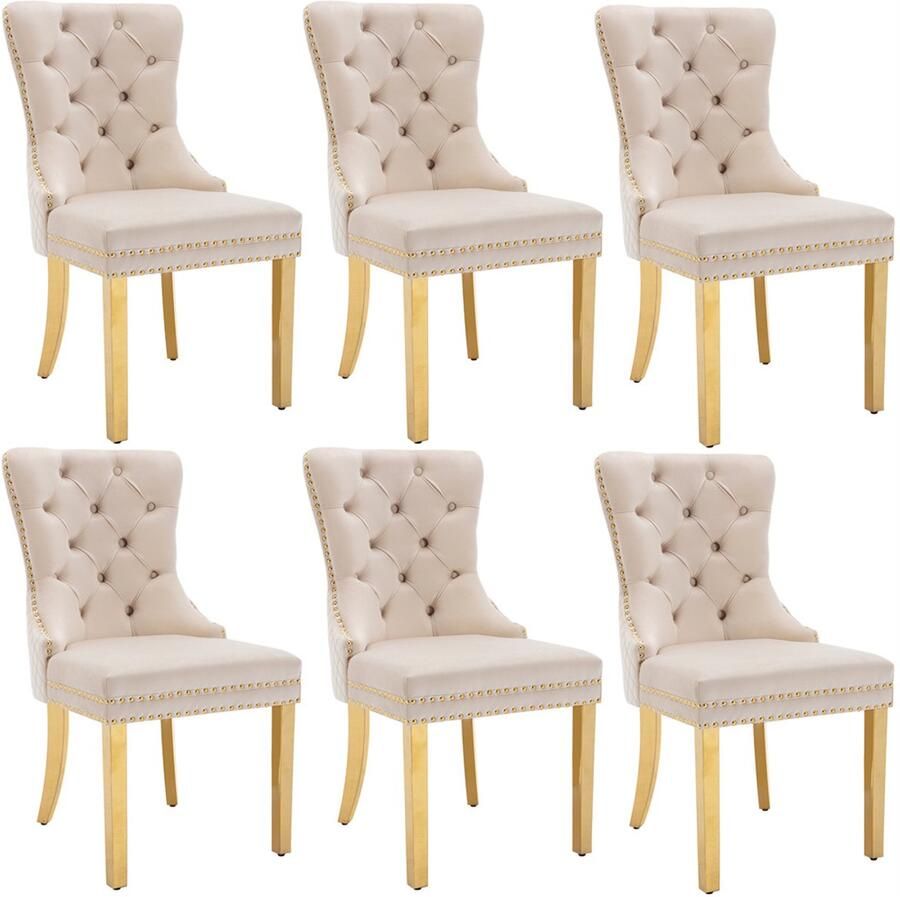 YEHTOKHOME Set van 6 Fluwelen eetkamerstoelen Keukenstoel woonkamerstoel met deurklopper Gestoffeerde stoel met klinknagels Eetkamerstoel in vintage stijl Gouden metalen poten Beige b 51 x d 65.5 x h 95 cm