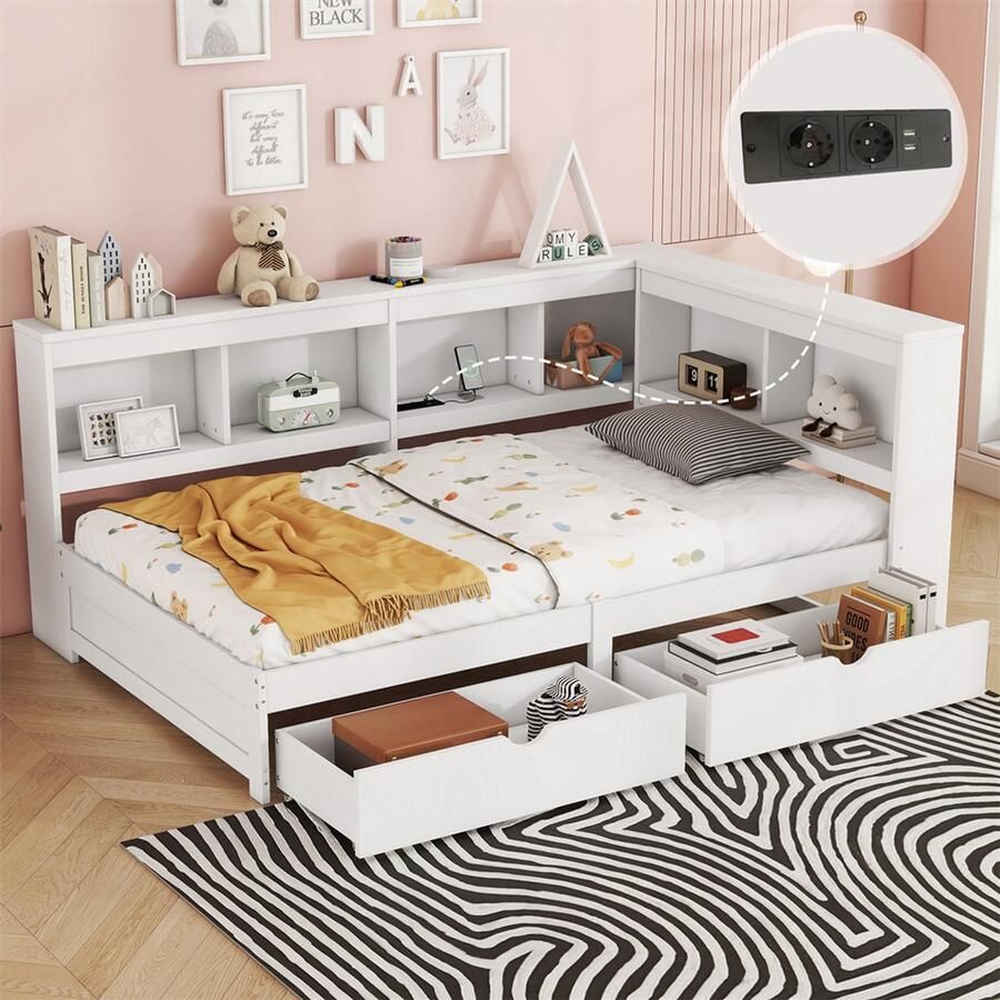 YEHTOKHOME Slaapbank 90 x 200 cm Eenpersoonsbed met opbergruimte twee lades stopcontacten en 2 USB-poorten meerdere opbergvakken wit (zonder matras)