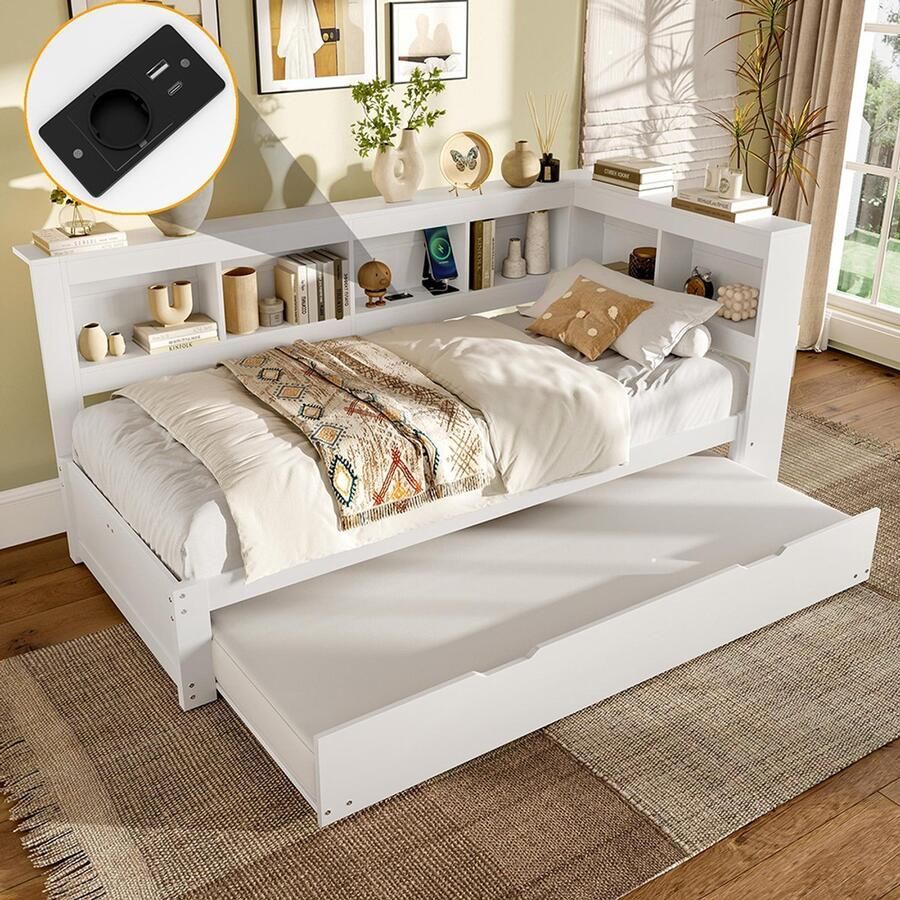 YEHTOKHOME Slaapbank 90 x 200 cm Eenpersoonsbed met uitschuifbaar bed stopcontact en 2 USB-poorten meerdere opbergvakken wit (zonder matras)