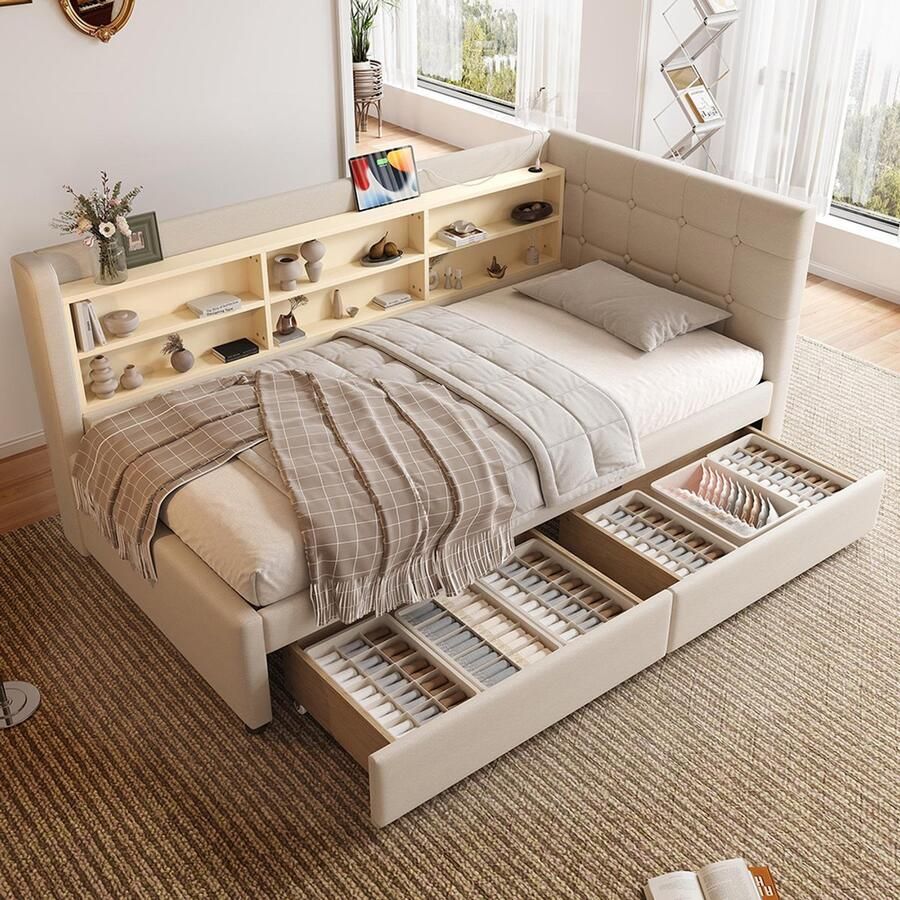 YEHTOKHOME Slaapbank 90x200 cm Daybed met 2 lades USB Type-C meerdere opbergvakken bedframe met lattenbodem linnen beige (zonder matras)