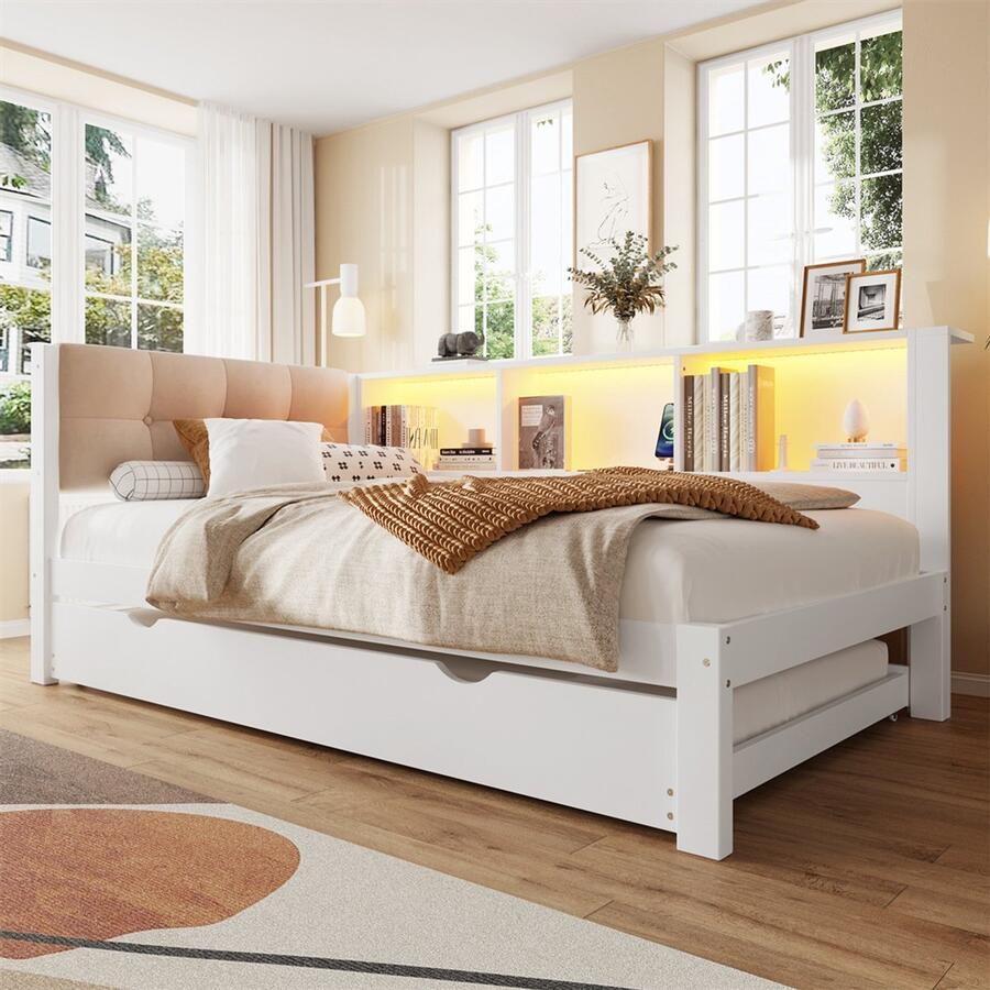 YEHTOKHOME Slaapbank 90x200 cm Eenpersoonsbed met uitschuifbaar bed LED-verlichting praktische opbergvak USB-poort wit zonder matras