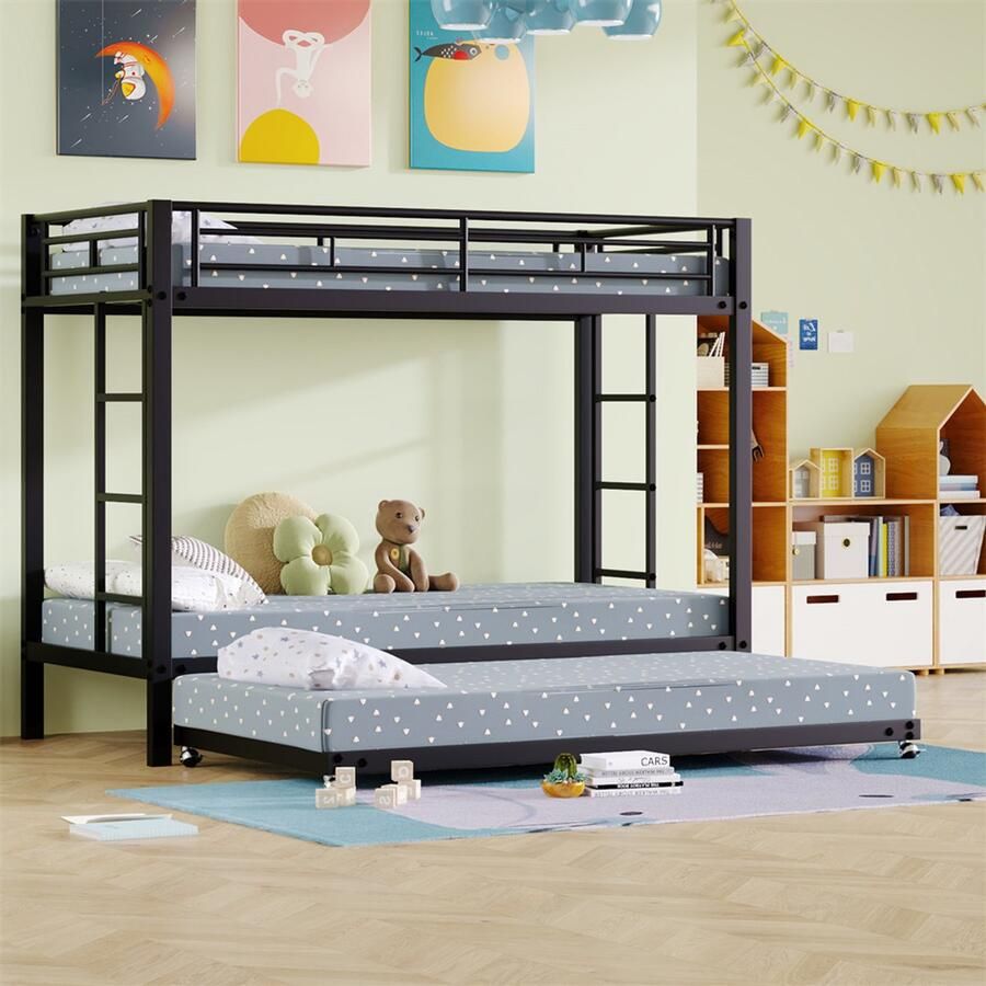 YEHTOKHOME Stapelbed 90x200 cm met uittrekbaar bed 90x190 cm metalen kinderbed met ladder en uitvalbescherming ruimtebesparend ontwerp zonder matras zwart