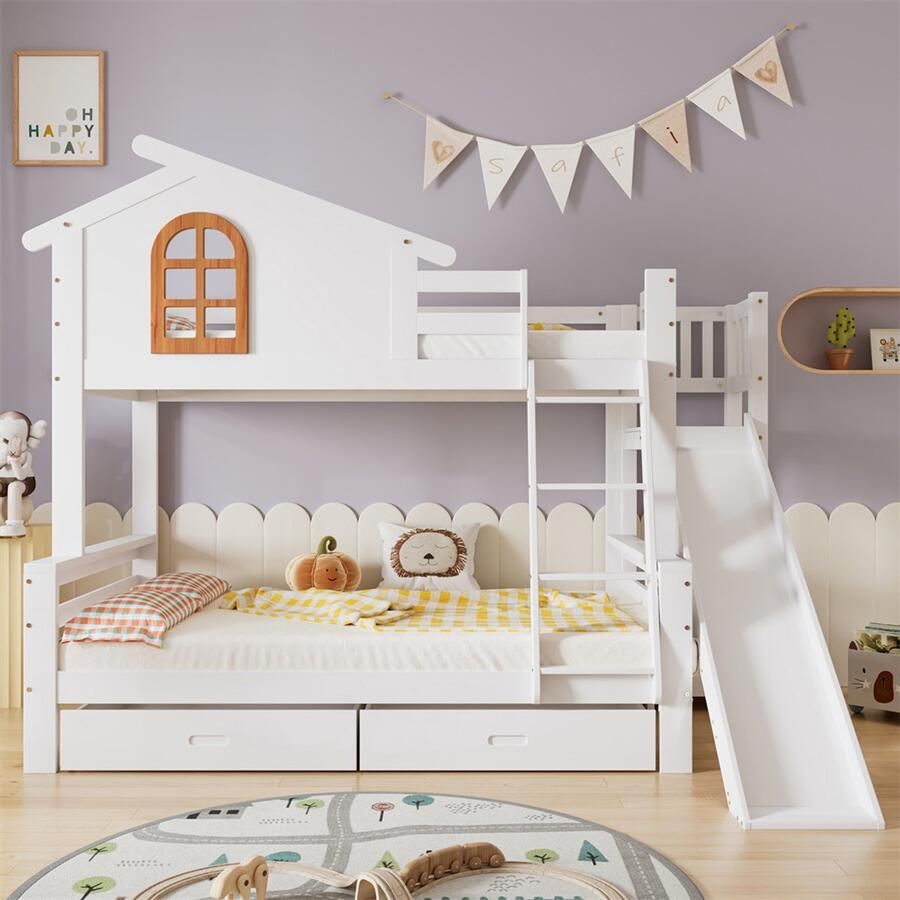 YEHTOKHOME Stapelbed met Glijbaan Twee laden Kinderstapelbed 90x200cm en 120x200cm 4-staps ladder Karakteristieke ramen Massief houten bedframe Wit