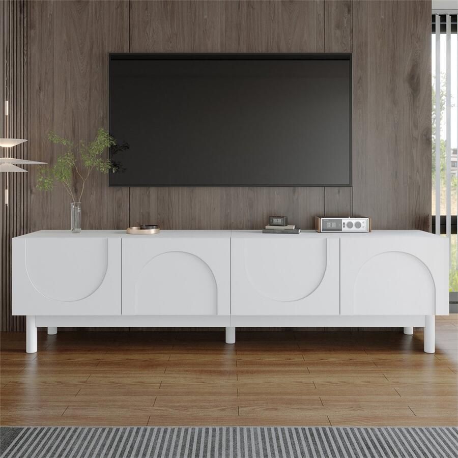 YEHTOKHOME TV meubel TV-kast 169x34x45 5cm Lowboard met golvende gebogen deuren Massief houten poten Mat wit