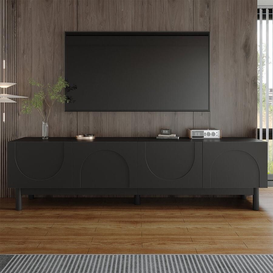 YEHTOKHOME TV meubel TV-kast 169x34x45 5cm Lowboard met golvende gebogen deuren Massief houten poten Mat zwart