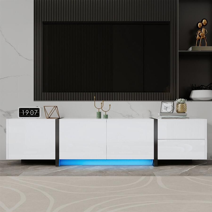 YEHTOKHOME TV-meubel Witte hoogglans kast en zwarte contrasterende tafelpoten met lades LED verlichting 170x30x39 cm