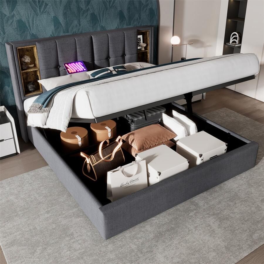 YEHTOKHOME Tweepersoonsbed 180x200cm met draadloos opladen USB-C Gestoffeerd bed met opbergruimte en lattenbodem Hydraulisch opbergbed Hoofdeinde met opbergfunctie Grijs katoen (zonder matras)