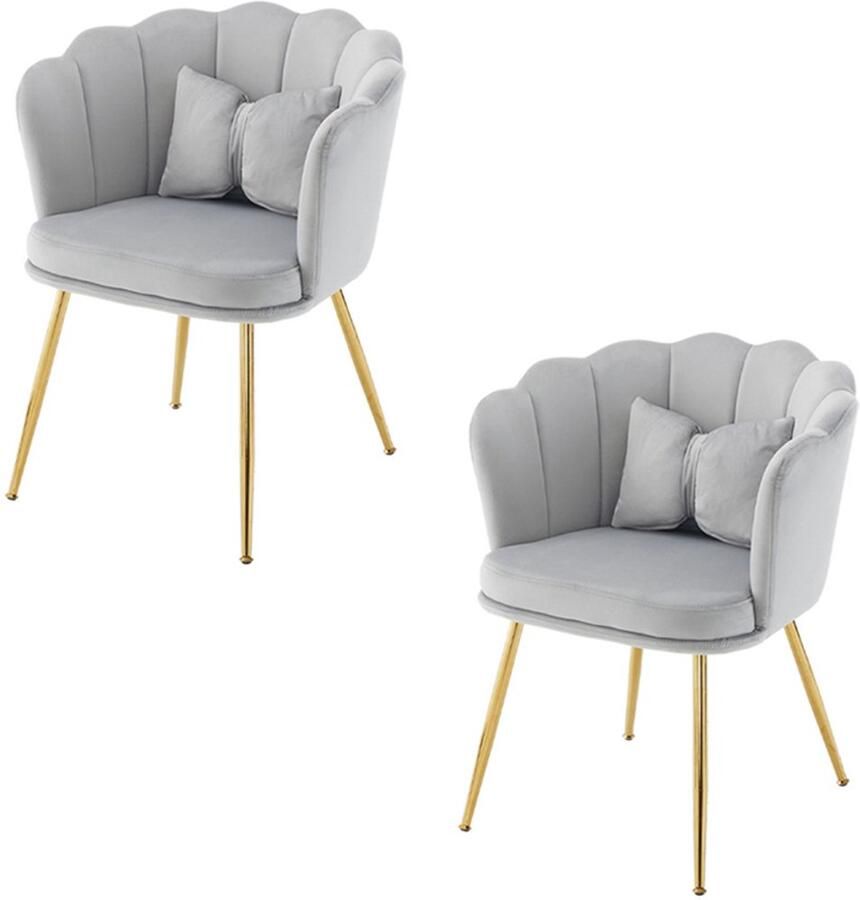 YEHTOKHOME Velvet Eetkamerstoelen set van 2 met armleuning Bureaustoel Make-upstoel Ergonomisch Fauteuil Fluwelen stoel met bloemblad-rugleuning Vergulde metalen poten Vlinderkussens Grijs