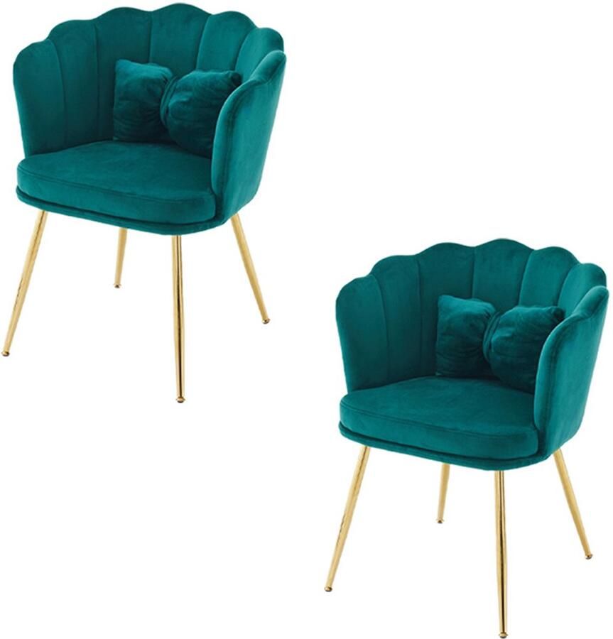 YEHTOKHOME Velvet Eetkamerstoelen set van 2 met armleuning Bureaustoel Make-upstoel Ergonomisch Fauteuil Fluwelen stoel met bloemblad-rugleuning Vergulde metalen poten Vlinderkussens Groen