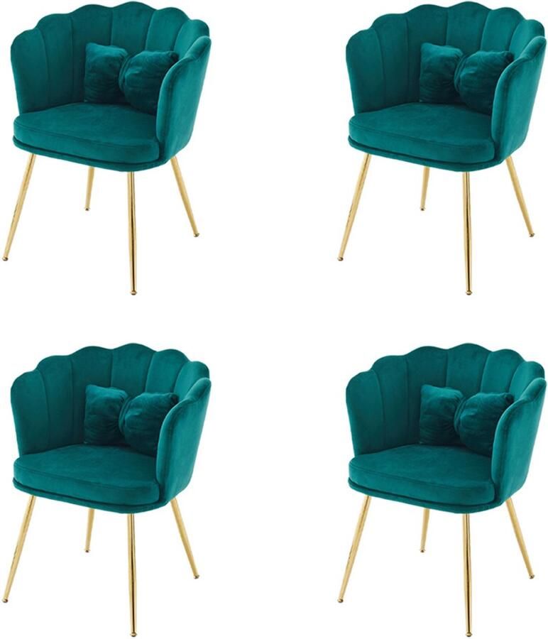 YEHTOKHOME Velvet Eetkamerstoelen set van 4 met armleuning Bureaustoel Make-upstoel Ergonomisch Fauteuil Fluwelen stoel met bloemblad-rugleuning Vergulde metalen poten Vlinderkussens Groen