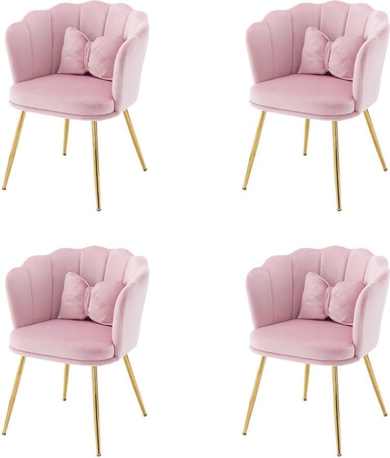 YEHTOKHOME Velvet Eetkamerstoelen set van 4 met armleuning Bureaustoel Make-upstoel Ergonomisch Fauteuil Fluwelen stoel met bloemblad-rugleuning Vergulde metalen poten Vlinderkussens Roze