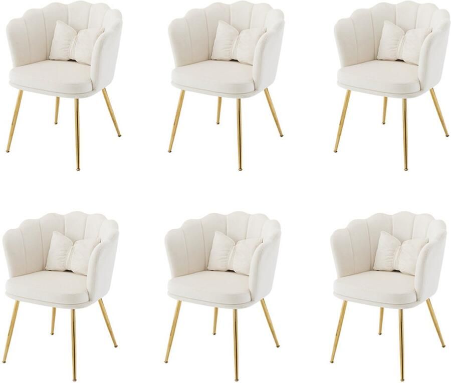 YEHTOKHOME Velvet Eetkamerstoelen set van 6 met armleuning Bureaustoel Make-upstoel Ergonomisch Fauteuil Fluwelen stoel met bloemblad-rugleuning Vergulde metalen poten Vlinderkussens Beige