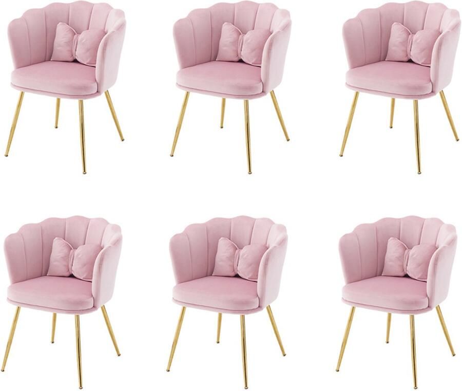 YEHTOKHOME Velvet Eetkamerstoelen set van 6 met armleuning Bureaustoel Make-upstoel Ergonomisch Fauteuil Fluwelen stoel met bloemblad-rugleuning Vergulde metalen poten Vlinderkussens Roze