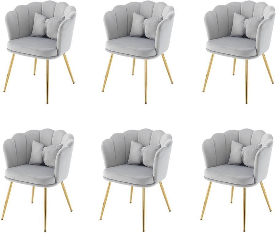 YEHTOKHOME Velvet Eetkamerstoelen set van 6 met armleuning Bureaustoel Make-upstoel Ergonomisch Fauteuil Fluwelen stoel met bloemblad-rugleuning Vergulde metalen poten Vlinderkussens Grijs